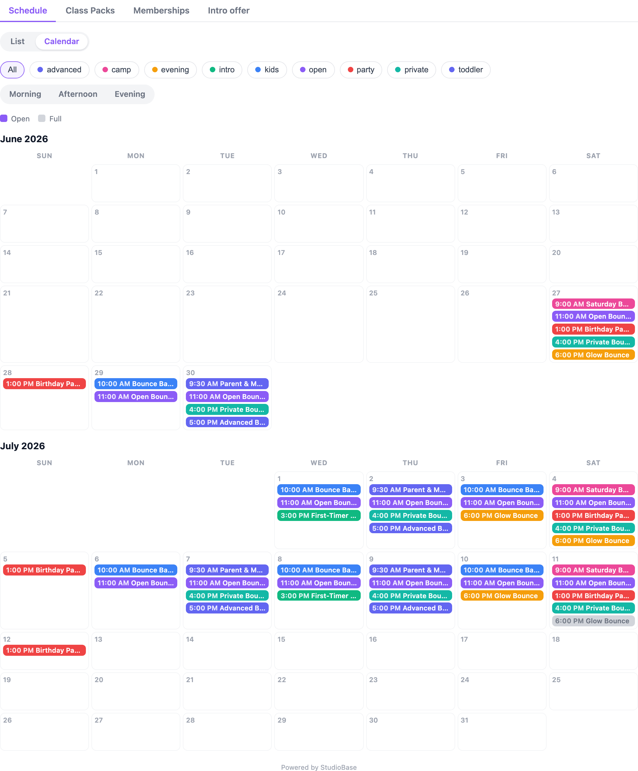 A live inline schedule on a studio's own site: a color-coded month-grid calendar with Schedule / Class Packs / Memberships / Intro offer tabs, category and time-of-day filters, and an Open / Full availability legend